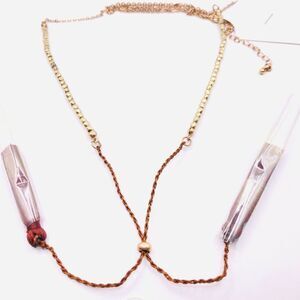 Long Lariat Brass Gold and Brown Tassel Necklace